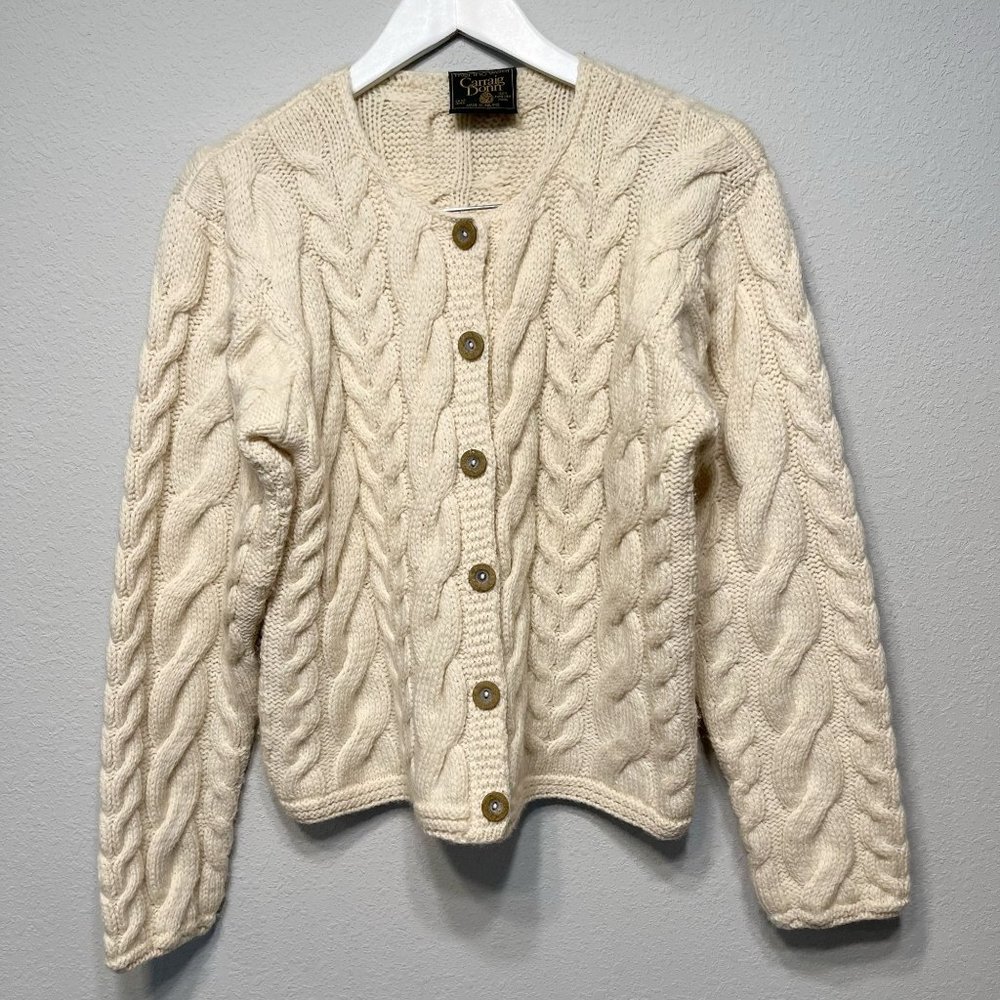 Carraig Donn Ireland Merino Wool Cable Knit Fisherman Cardigan Size Medium